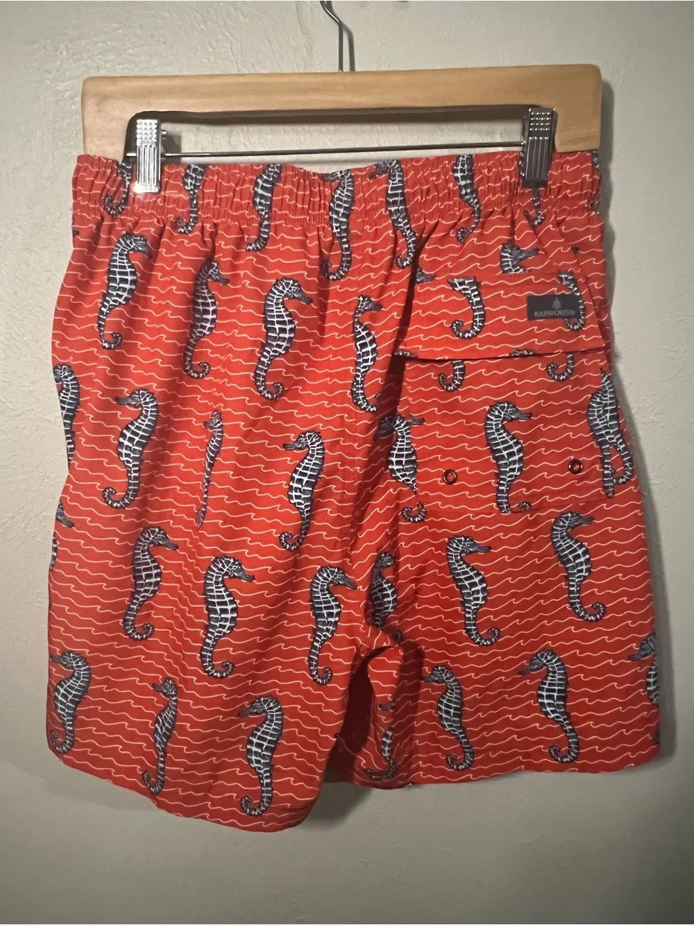 Men’s RAINFOREST Red Swim Shorts with Navy Seahorse Print Size Small
